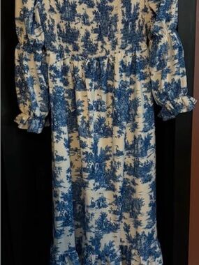 Blue and Cream Toile Print Midi Dress